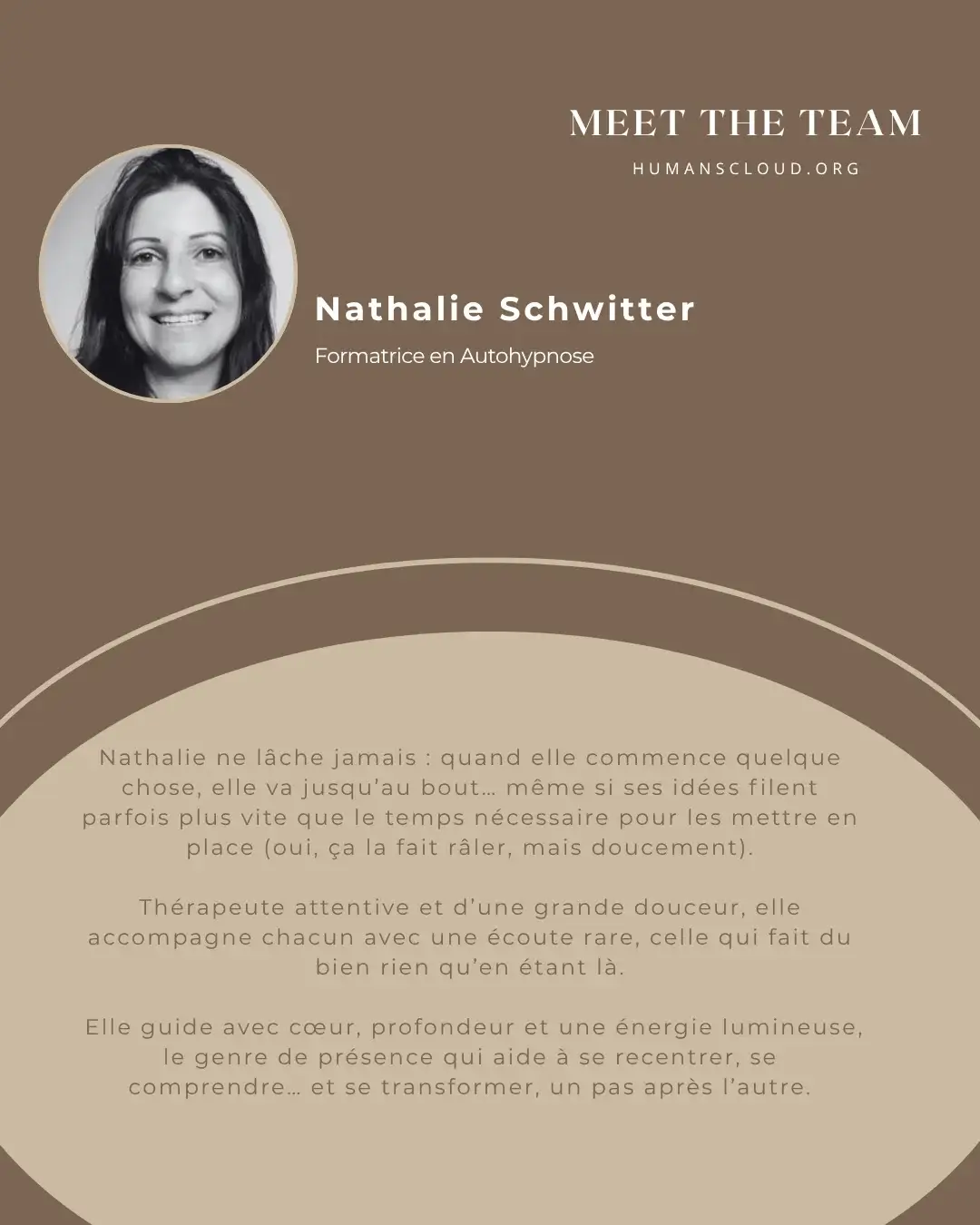 Portrait de Nathalie Schwitter, formatrice Humans Cloud en autohypnose, avec son texte de présentation