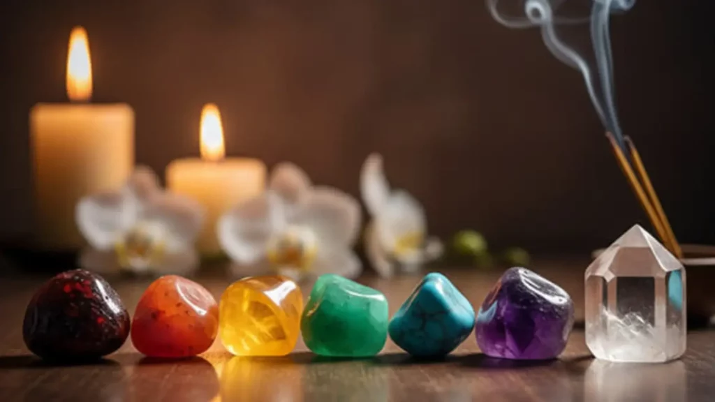 Pierres des chakras alignées devant des bougies et de l'encens, symbolisant l'harmonie et la sérénité du massage énergétique.