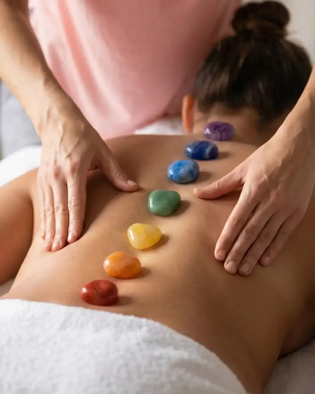 Massage des chakras avec pierres colorées disposées sur le dos pour un rééquilibrage énergétique et une reconnexion corps-âme.