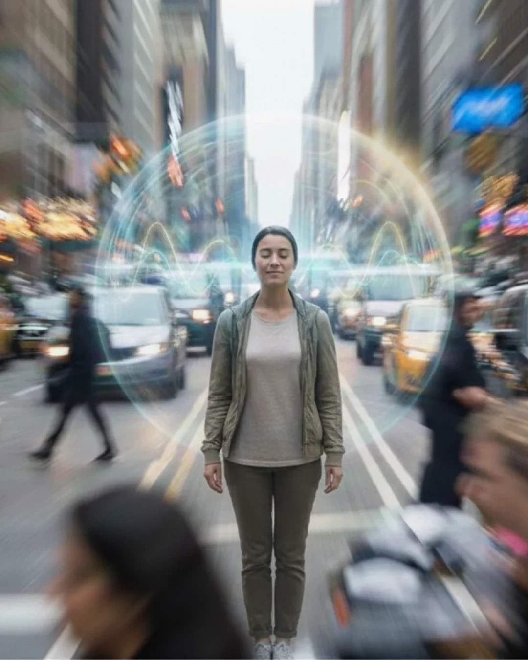 Femme debout, visage serein et yeux fermés, pratiquant l'autohypnose au milieu d'une rue animée avec une bulle d'ondes cérébrales lumineuses.