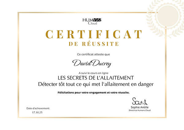 Certificat du cours Les secrets de l’allaitement Humans Cloud – détecter tôt tout ce qui met l’allaitement en danger