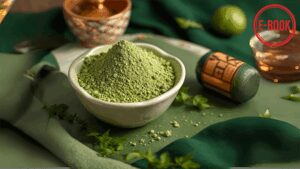 Argile verte naturelle en poudre dans un bol en bois, utilisée pour ses propriétés purifiantes et apaisantes, adaptée pour les humains et les animaux.