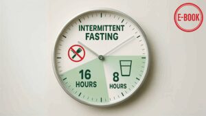 Illustration d’une horloge représentant un cycle de jeûne intermittent 16/8, avec 16 heures sans alimentation et 8 heures de fenêtre alimentaire – image extraite d’un e-book sur le jeûne.