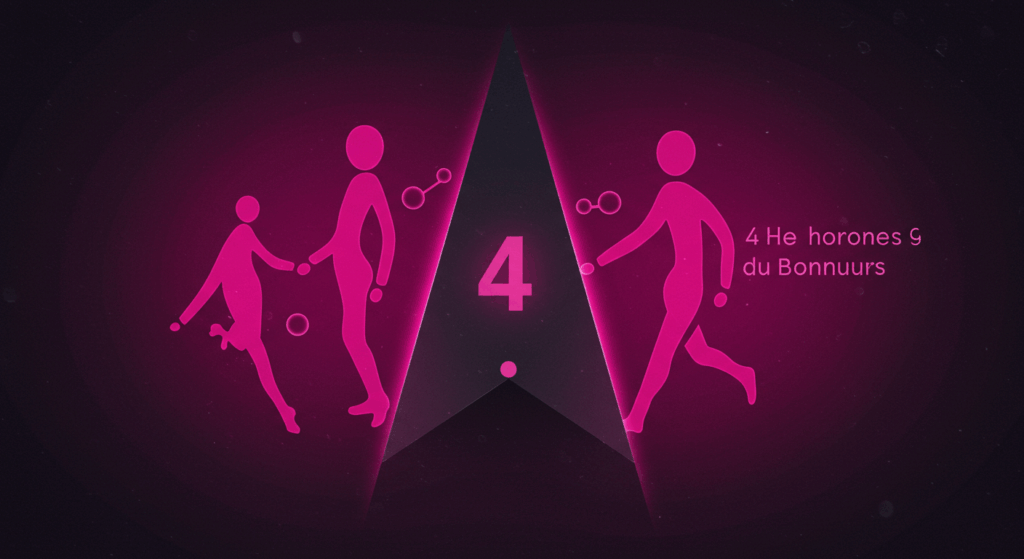 Schéma des 4 hormones du bonheur : dopamine, sérotonine, endorphines et ocytocine, avec leurs effets sur le moral et le bien-être.
