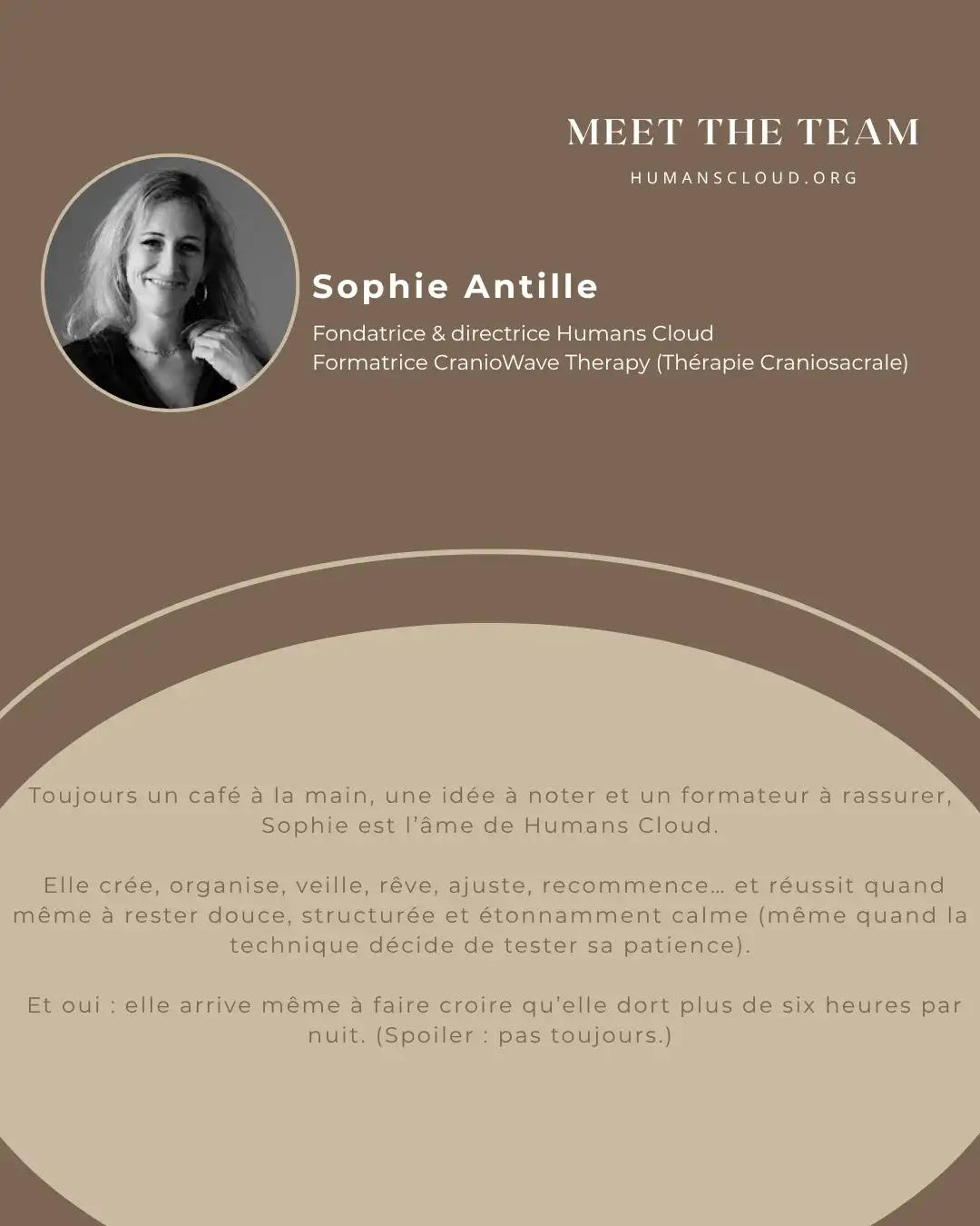 Portrait de Sophie Antille, fondatrice de Humans Cloud, avec un encadré présentant son rôle et sa citation.