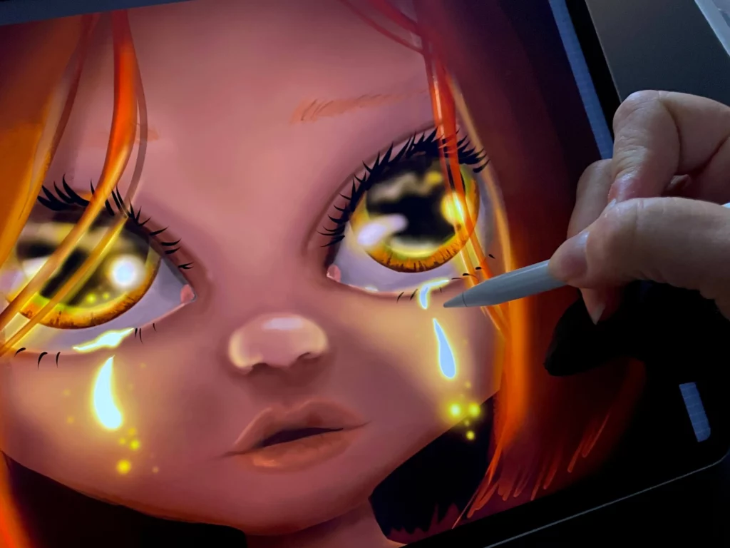 Illustration numérique d’un visage avec des larmes lumineuses, réalisée sur tablette dans le cours Dessiner les émotions